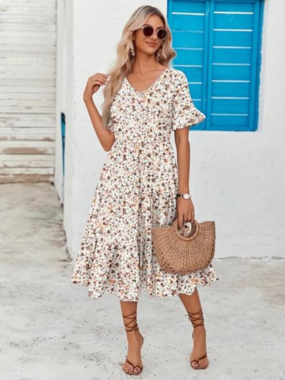 Women's Summer Dresses Midi Tiered Casual Dress Floral V Neck Ruffle Short Sleev - Picture 3 of 5